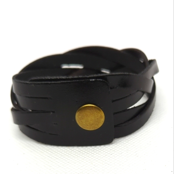 Black Braided 🖤Faux Leather Snap Cuff Bracelet Biker Southwest Style 8.5 inch - Picture 1 of 12
